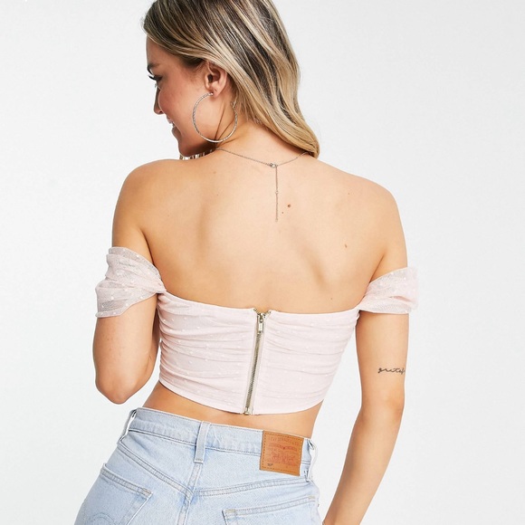 NWT. Miss Selfridge pleated textured mesh bardot crop top in blush/pink. Size 8. - Picture 2 of 4